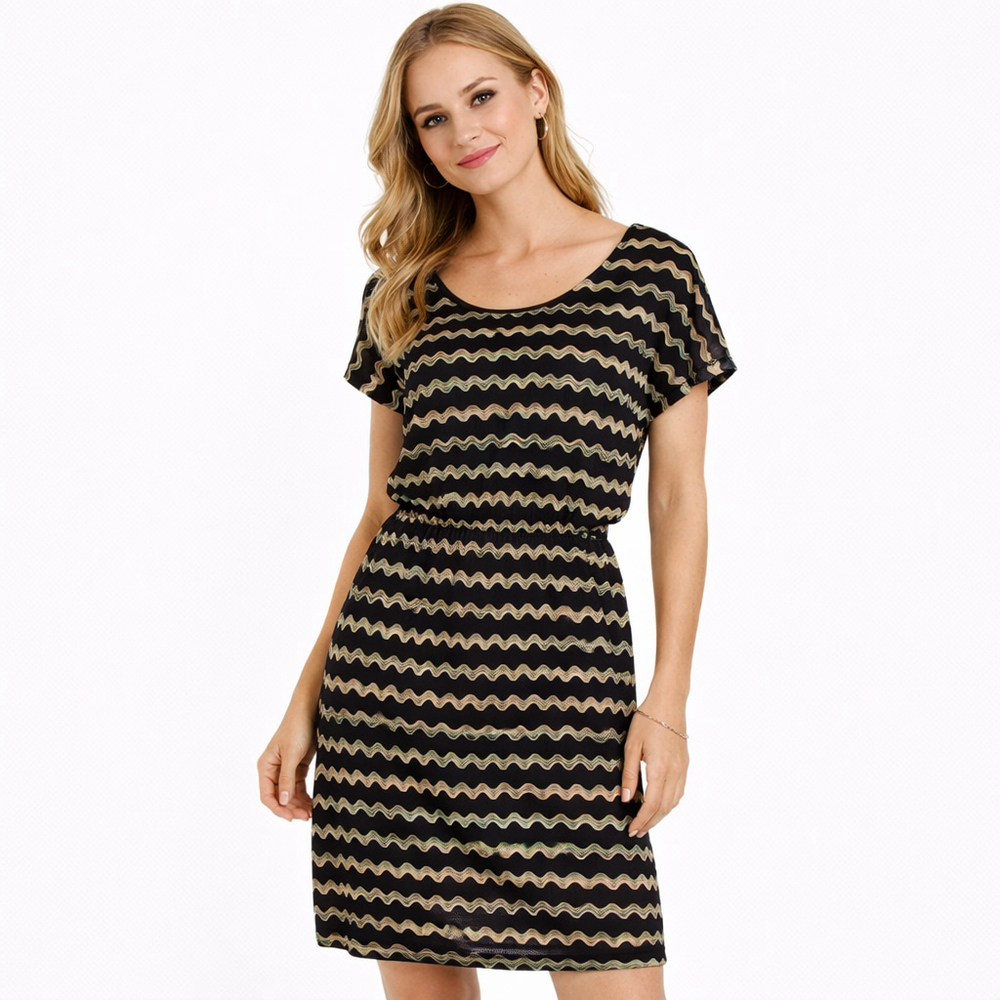City Triangles Black Gold Wavy Chevron Blouson Mini Dress S